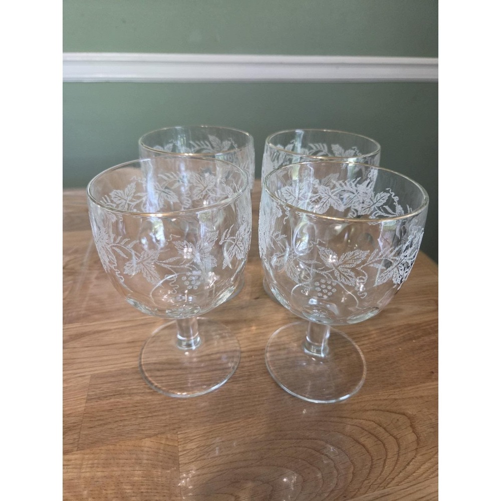 Set of 4 VTG Bartlett Collins Grape Leaf Thumbprint Etched Glass Goblet Gold Rim